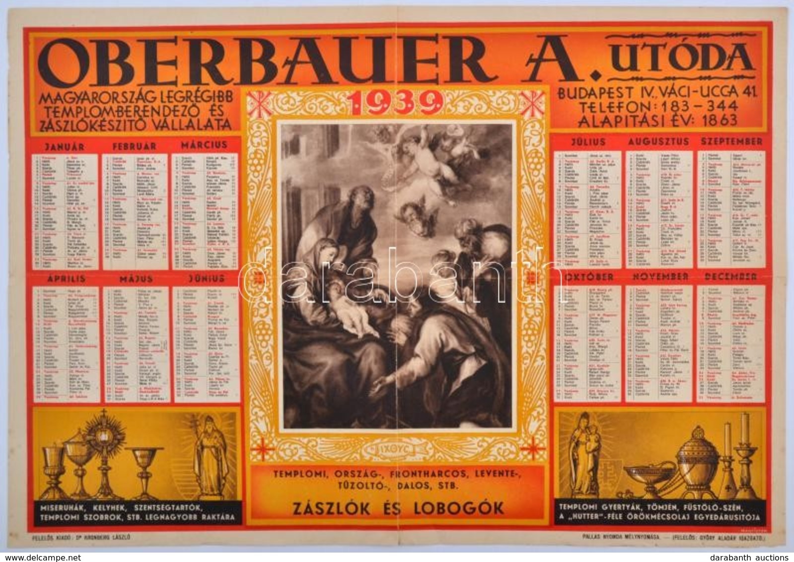 1939 Falinaptár: Oberbauer A. Utóda. Magyarország Legrégebbi Templomberendező és Zászlókészítő Vállalata 45x34 Cm - Non Classificati