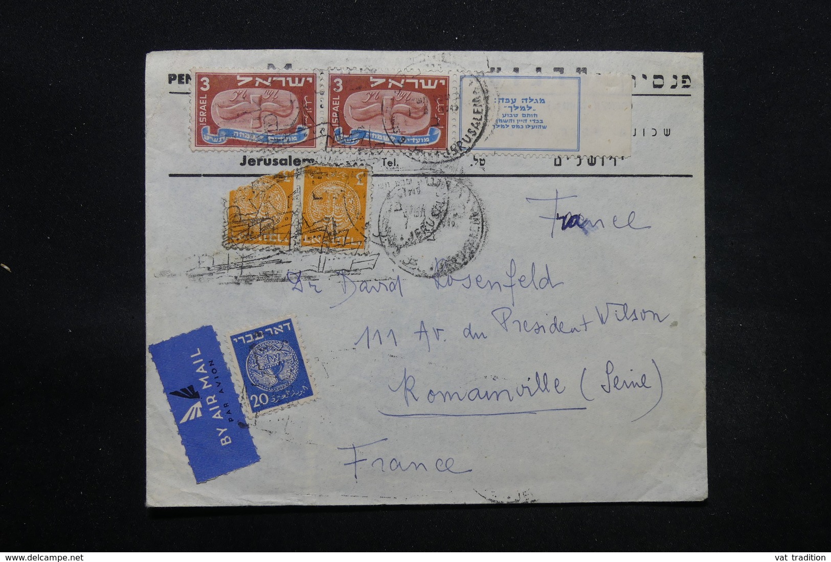 ISRAËL - Enveloppe Commerciale De Jérusalem Pour La France En 1949 , Affranchissement Plaisant Avec Tabs - L 28325 - Cartas
