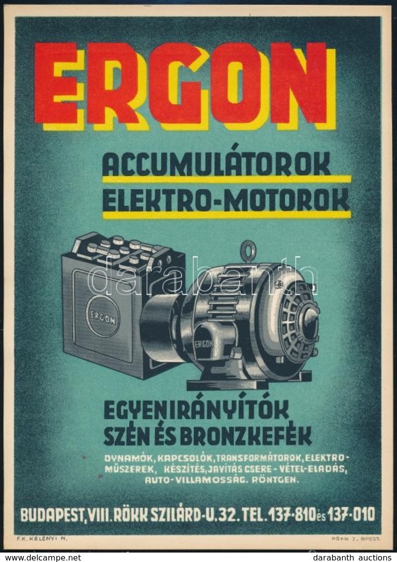 Cca 1930 Bp. VIII., Ergon Accumulátorok, Elektromotorok Kisplakát, 24×17 Cm - Andere & Zonder Classificatie