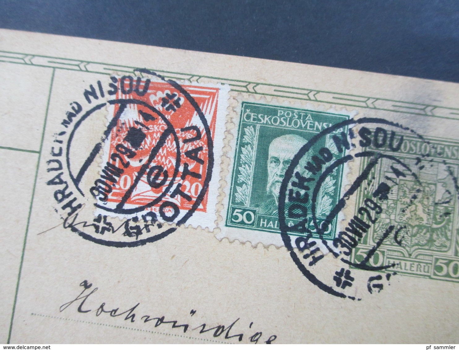 CSSR 1929 Ganzsache Mit 2 Zusatzfrankaturen Stempel Hradek Nad Nisou / Grottau Nach Ostritz Sachsen - Briefe U. Dokumente