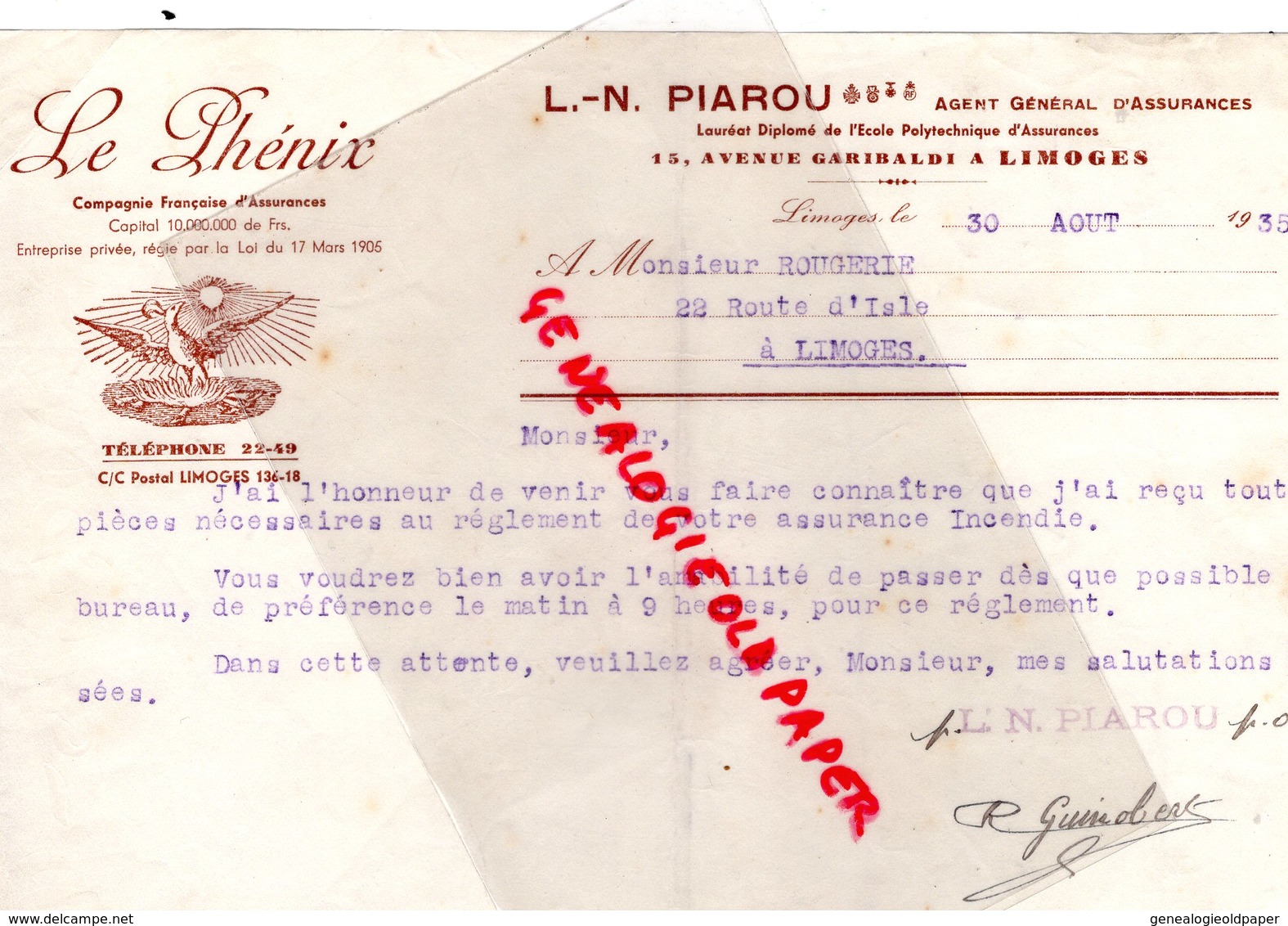 87 - LIMOGES- RARE FACTURE L.N. PIAROU- ASSURANCES LE PHENIX-15 AVENUE GARIBALDI- 1935 - Bank & Versicherung