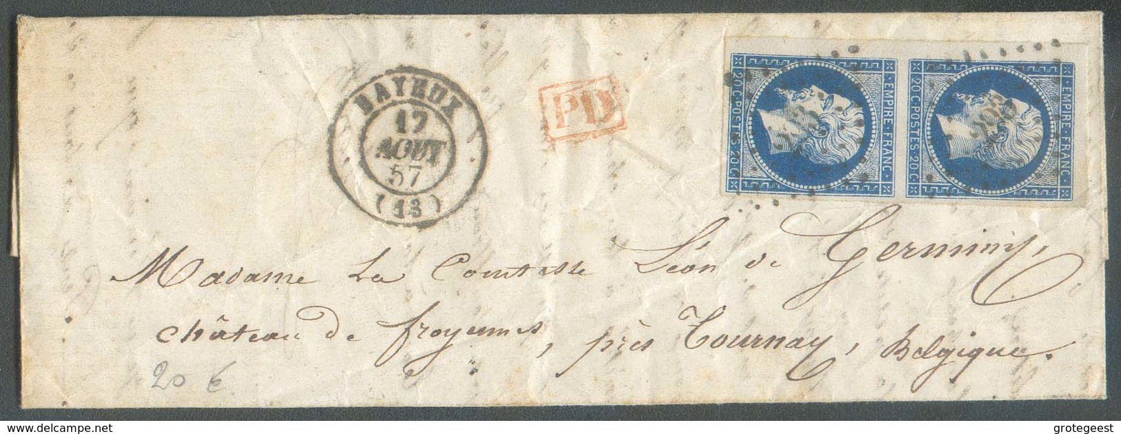 N°14(2) - 20 Centimes Bleu En Paire Verticale TB Margée Et Bdf Gauche  Obl; PC 293 Sur Lettre De BAYEUX Le 17 Août1857 + - 1853-1860 Napoleon III