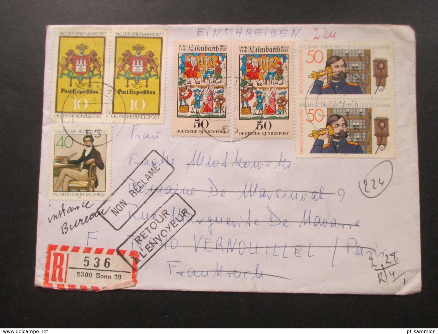 BRD 1977 MiF Einschreiben 5300 Bonn Nach Vernouillet Stempel Non Reclame / Retour A L'Envoyeur Retourbrief - Briefe U. Dokumente