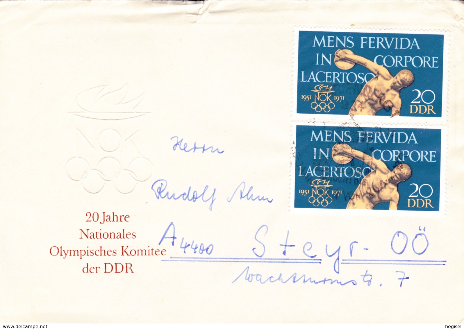 1971, DDR, "20 Jahre Nationales Olympisches Komitee Der DDR", Echt Gelaufen - Enveloppes Privées - Oblitérées