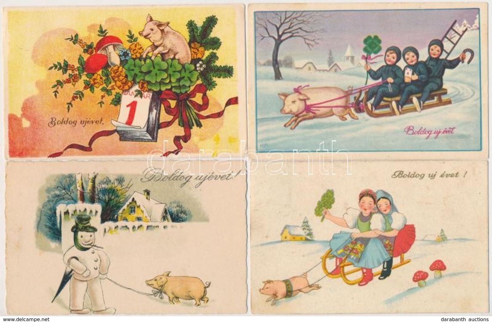 6 Db RÉGI Malacos újévi üdvözlő Motívumlap / 6 Pre-1945 New Year Greeting Art Postcards With Pigs - Ohne Zuordnung