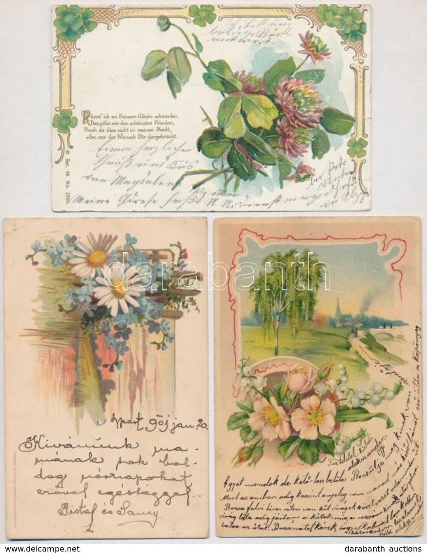 3 Db RÉGI Hosszúcímzéses Virágos Litho üdvözlőlap / 3 Pre-1904 Floral Litho Greeting Art Postcards - Zonder Classificatie