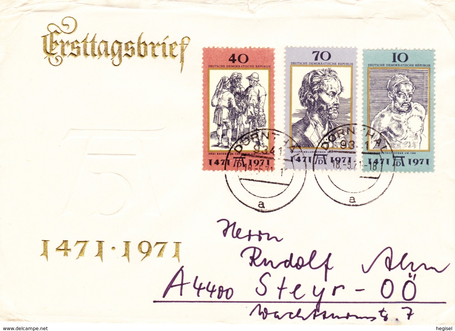1971, DDR, "500. Geburtstag A. Dürer", Kompletter Satz, FDC, Echt Gelaufen, Ersttagsbrief - 1971-1980
