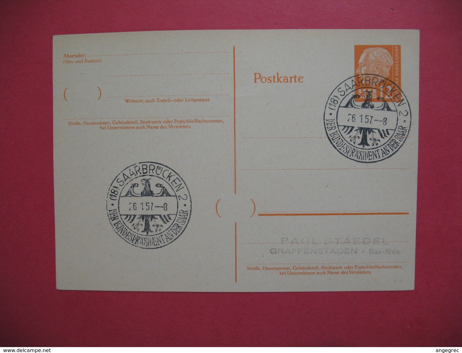 Sarre  26/1/1957  Entier Postal Postkarte  Saarbrucken - Entiers Postaux