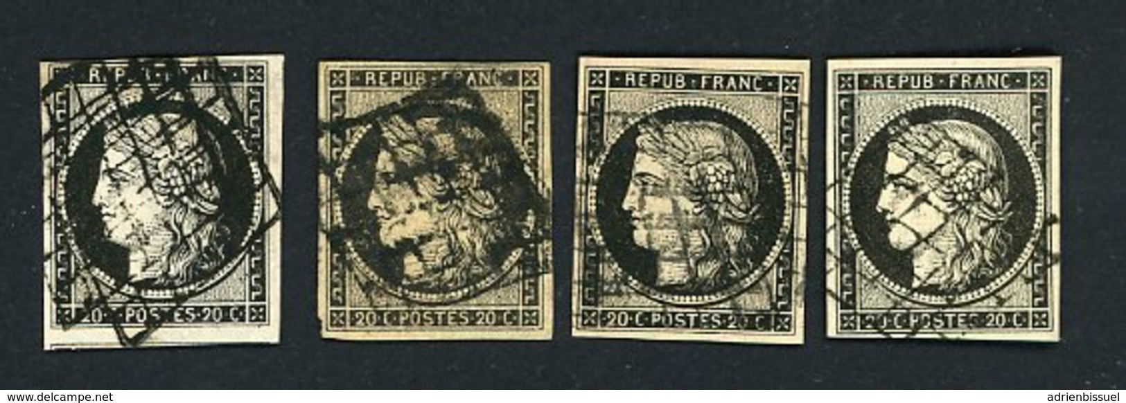 N° 3 CERES / QUATRE NUANCES DIFFERENTES Du 20 C. Cote 310 €, Oblitérés Par La Grille (détails Dans Description) TB - 1849-1850 Ceres