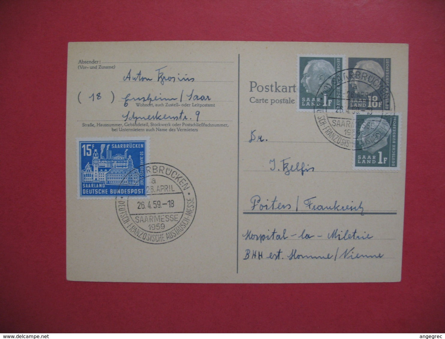 Sarre  26/4/1959  Entier Postal Postkarte  Saarbrucken - Enteros Postales