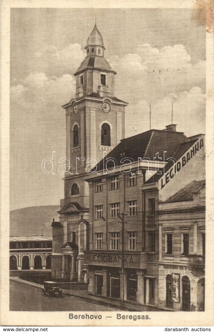 T2 Beregszász, Berehovo; Legio Banka / Bank, Hausmann Ch. üzlete, Templom / Bank, Church, Shop, Automobile, 'visszatért' - Zonder Classificatie