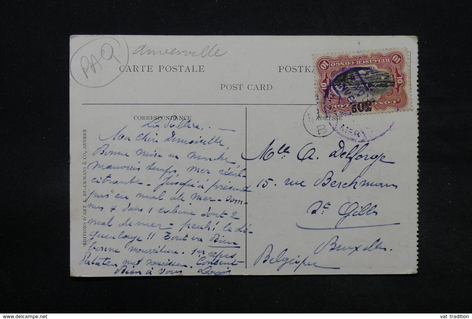 CONGO BELGE - Oblitération Maritime Sur Carte Postale Pour La Belgique - L 28339 - Lettres & Documents