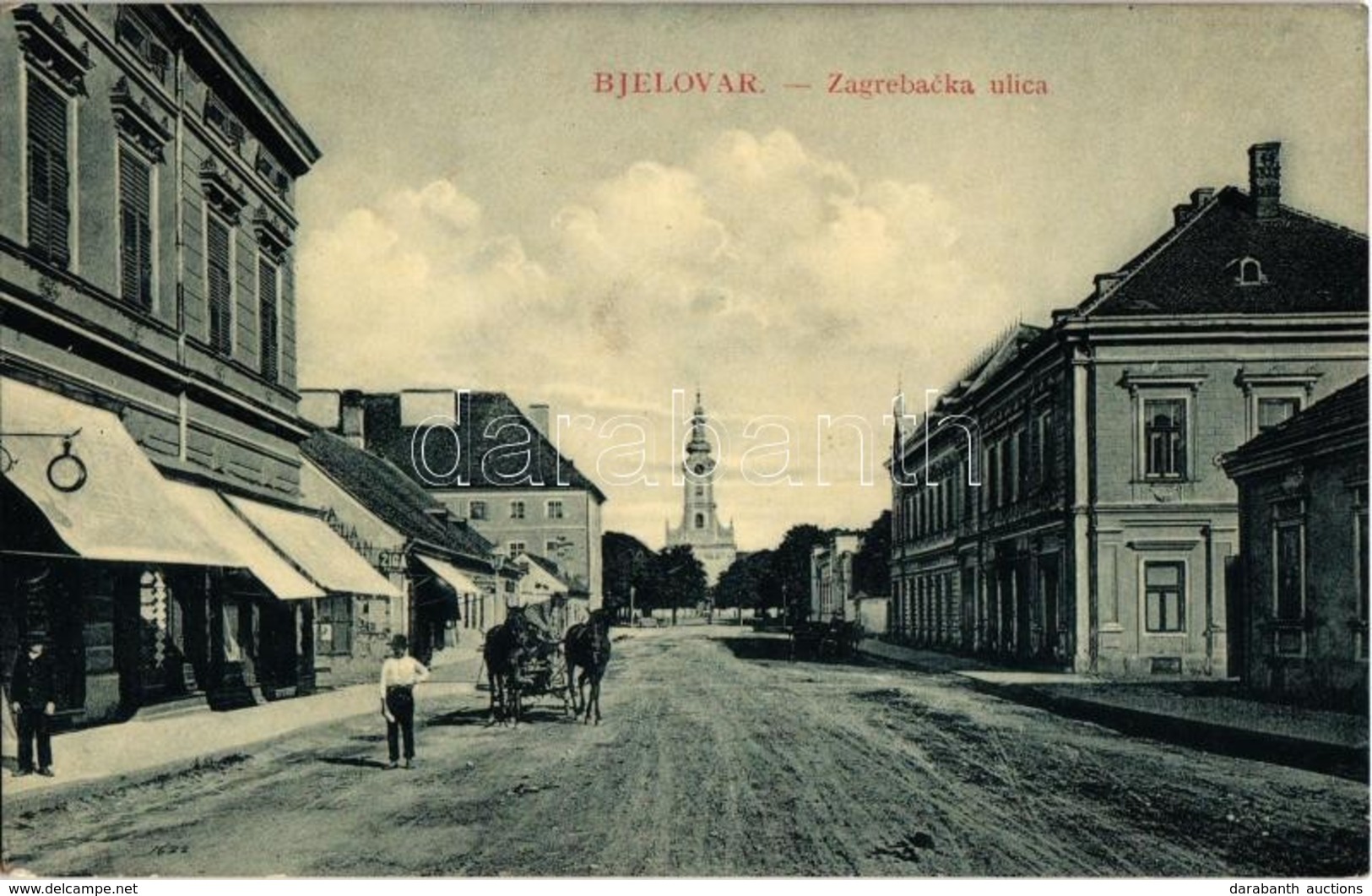 T2 1915 Belovár, Bjelovar; Zagrebacka Ulica / Utcakép, üzletek, Templom. W. L. Bp. 7223. / Street View, Shops, Church - Zonder Classificatie