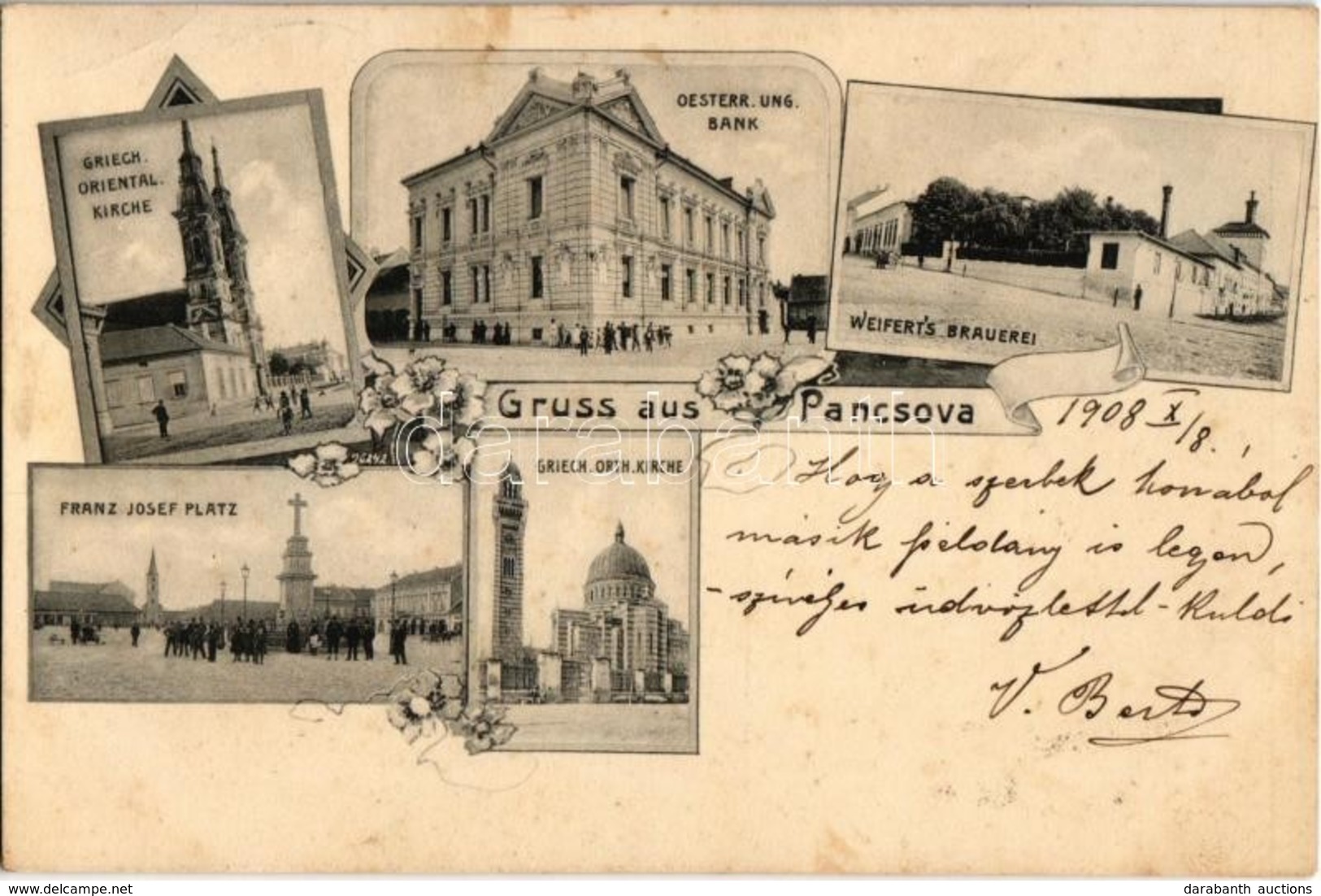 T2 1908 Pancsova, Pancevo; Görögkeleti és Görög Katolikus Templom, Ferenc József Tér, Osztrák-magyar Bank, Weifert Sörgy - Ohne Zuordnung