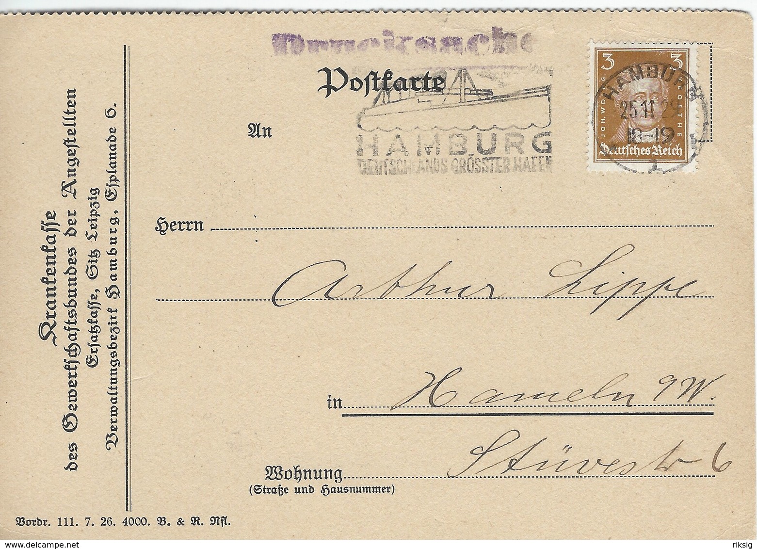 Postkarte -  Drucksache. Used Hamburg 1929.  Germany.    H- 602 - Sonstige & Ohne Zuordnung