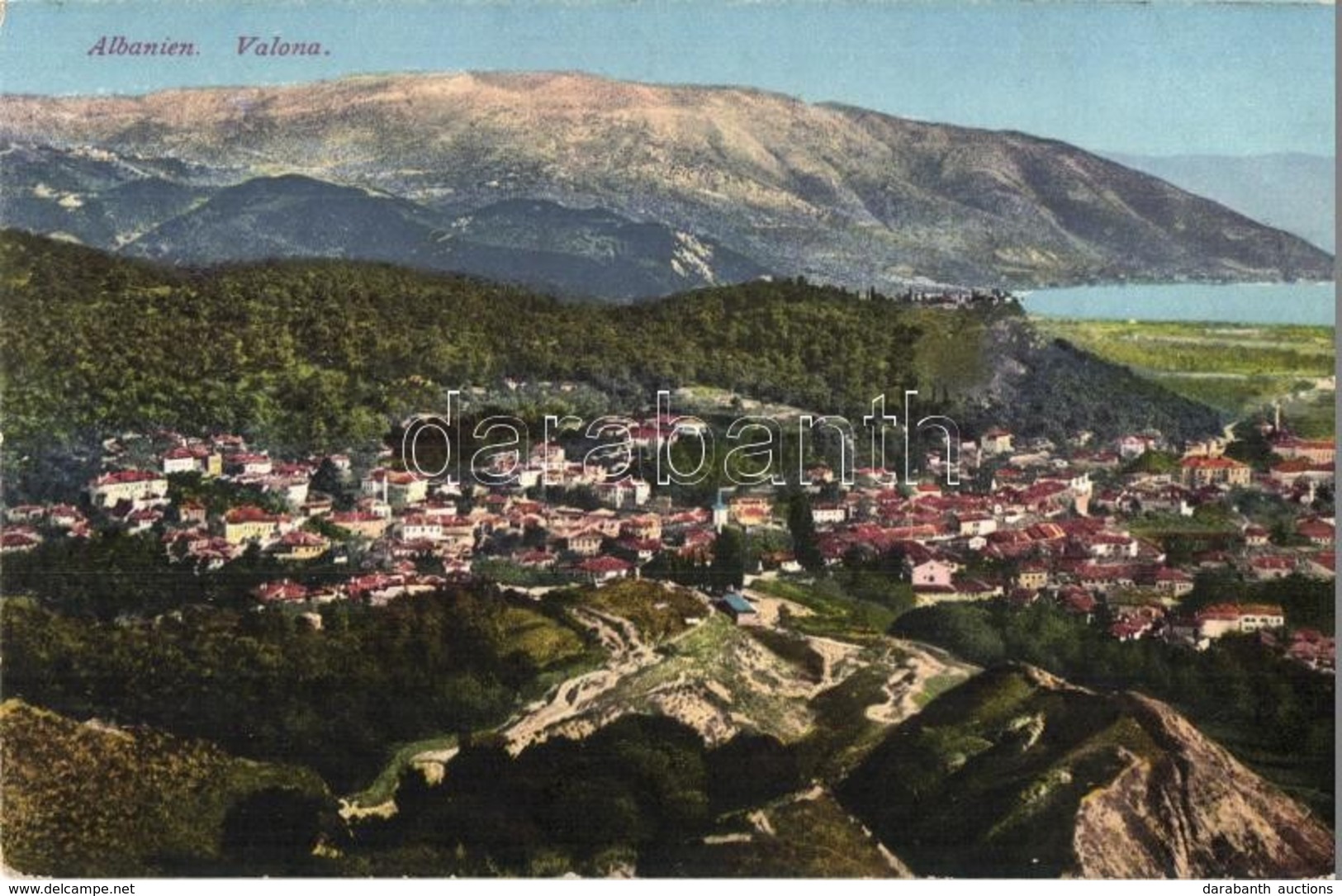 T2 Vlora, Valona; General View. Purger & Co. Photochromiekarte No. 13816. + K.u.K. Kriegsmarine SMS Leopard Marinefeldpo - Ohne Zuordnung