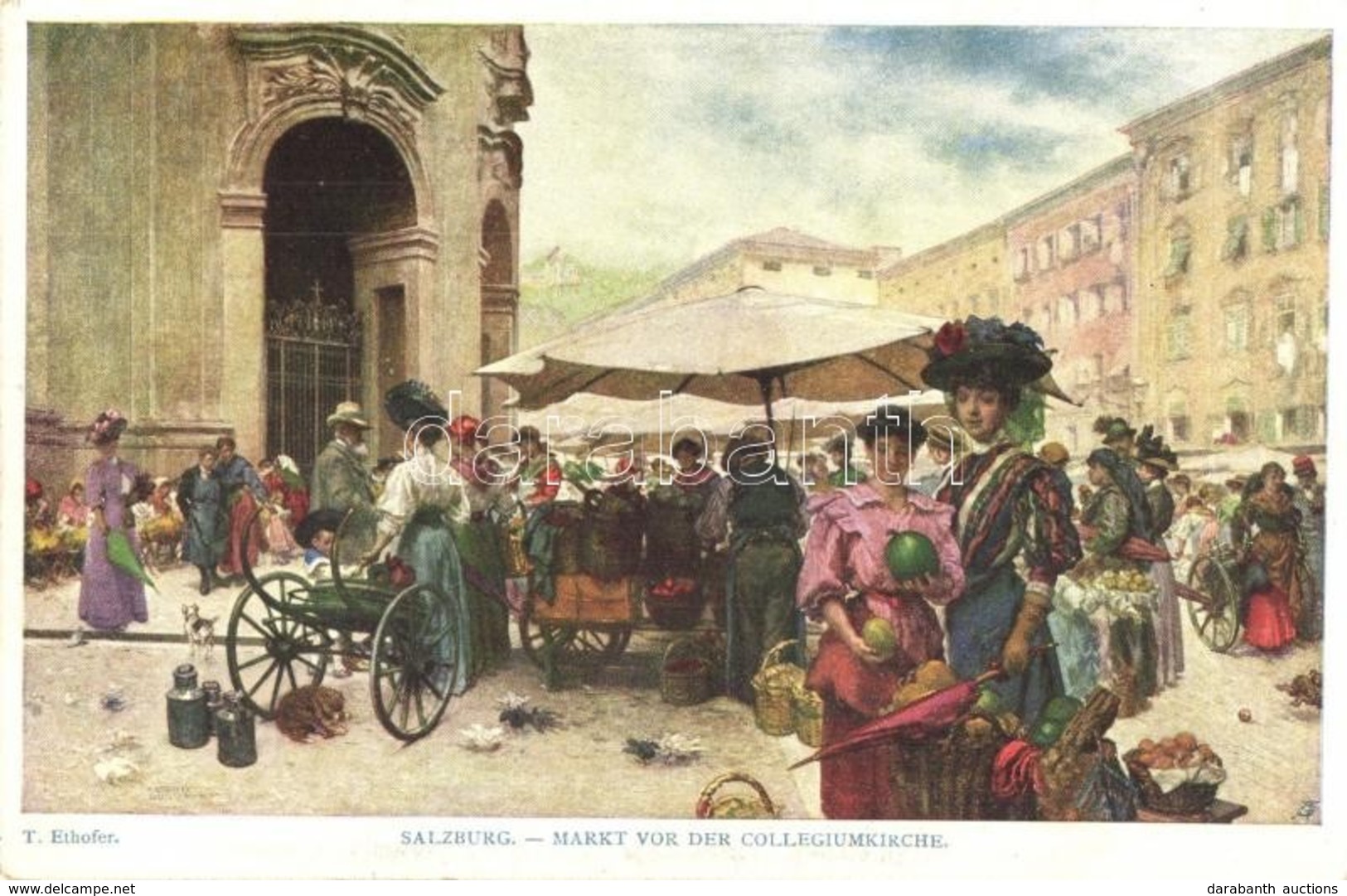 ** T1/T2 Salzburg, Markt Vor Der Collegiumkirche, VErlag Hermann Kerber / Market, Church, Art Postcard, S: T. Ethofer - Zonder Classificatie