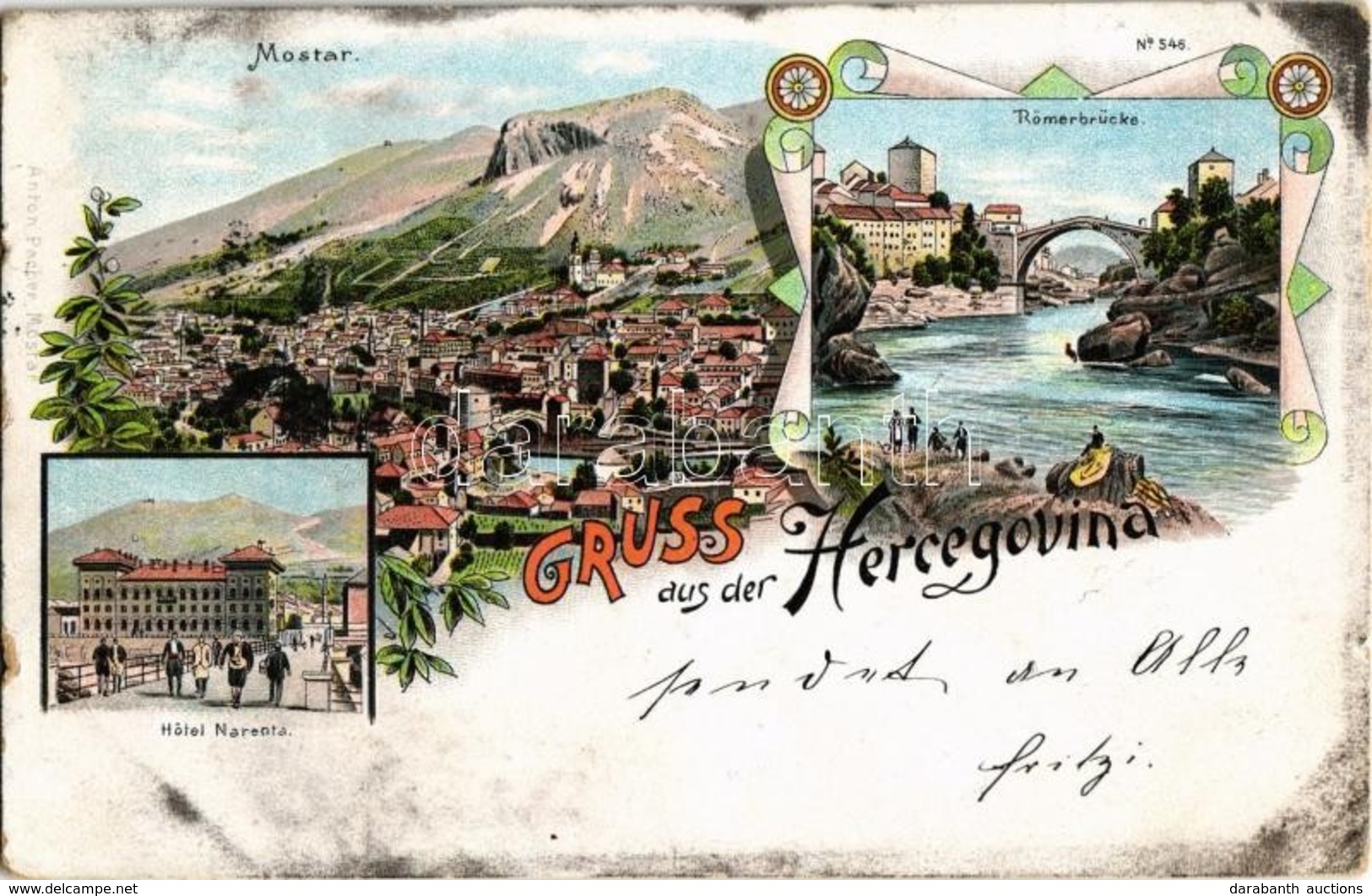 * T2/T3 1895 (Vorläufer!) Mostar, Römerbrücke, Hotel Narenta / Roman Bridge And Hotel. Art Nouveau, Floral, Litho (worn  - Zonder Classificatie