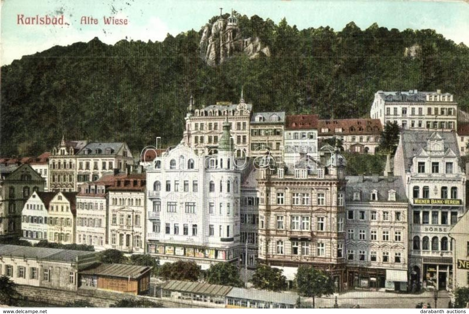 T2 1911 Karlovy Vary, Karlsbad; Alte Wiese, Wiener Bank Verein, Börse / Street View, Bank, Stock Exchange - Zonder Classificatie