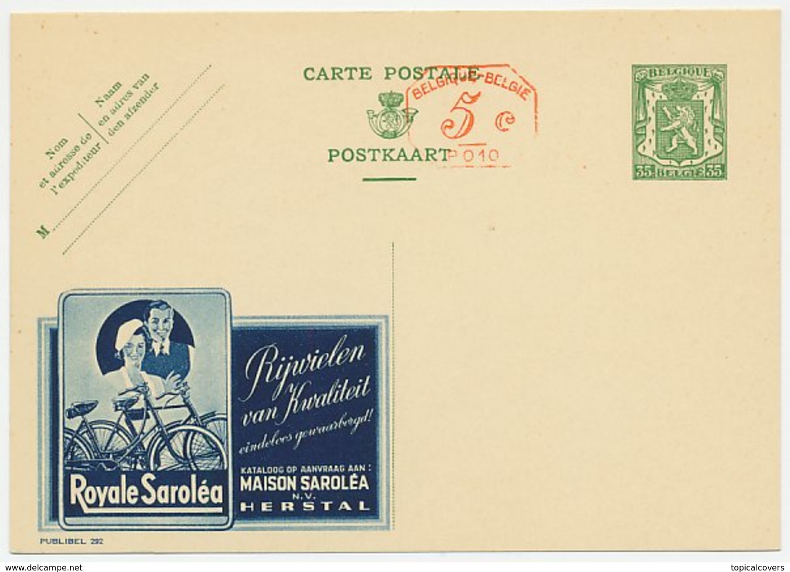 Publibel - Postal Stationery Belgium 1935 Bicycle - Sarolea - Wielrennen