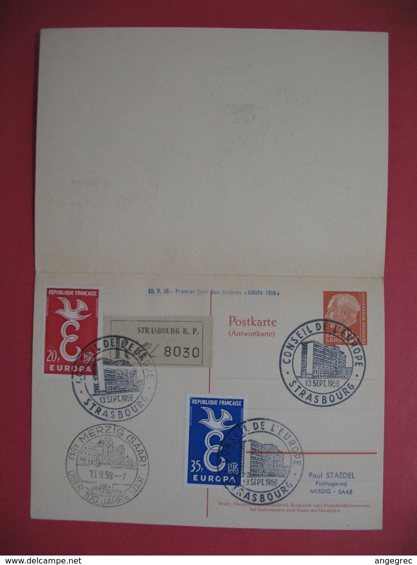 Sarre 1958  Entier Postal Postkarte   Avec Carte Réponse - Strasbourg  Et Taxes Types Gerbes - Entiers Postaux