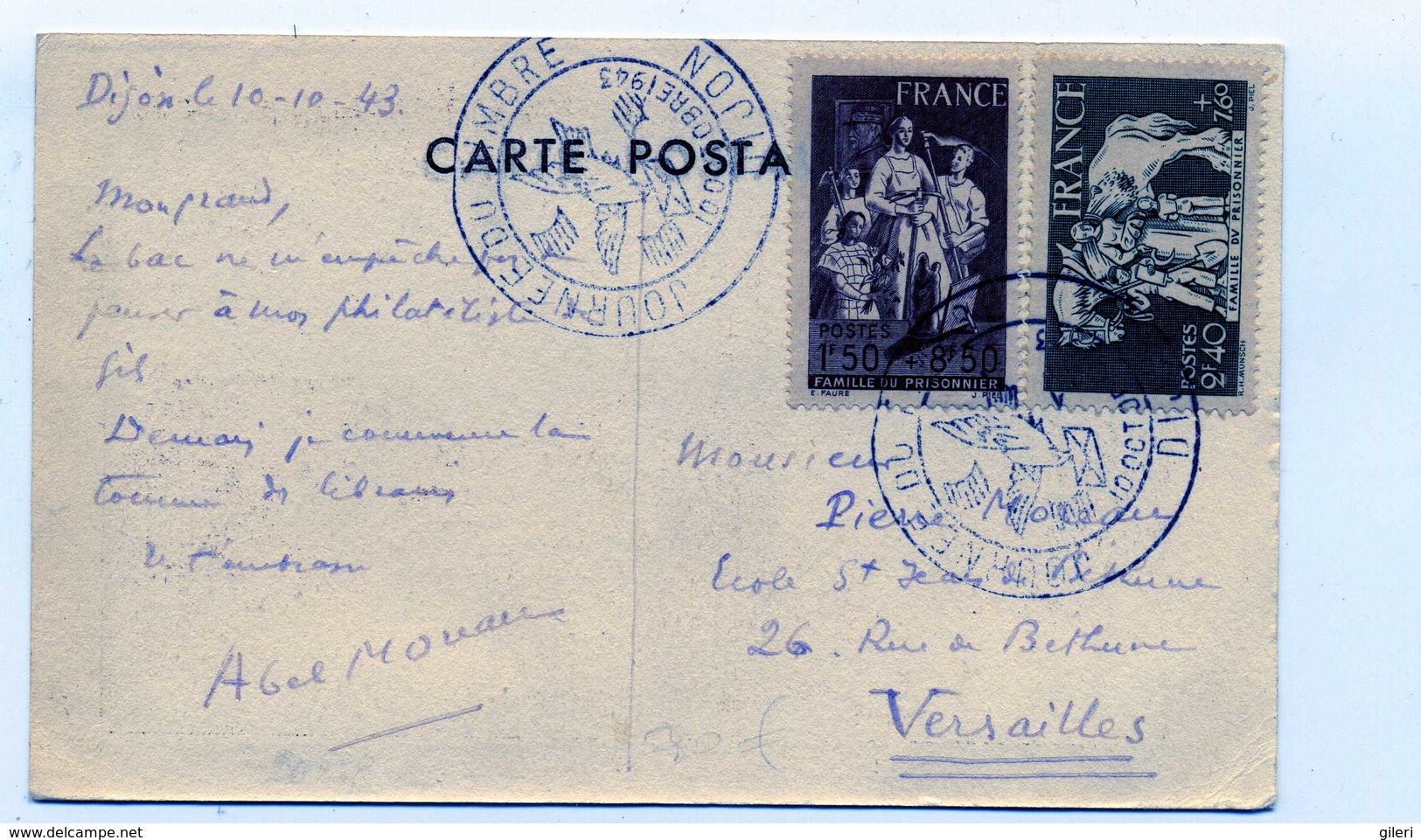 N 585 Et 586 Sur Carte Postale Journée Du Timbre Dijon 1943 - 1921-1960: Période Moderne