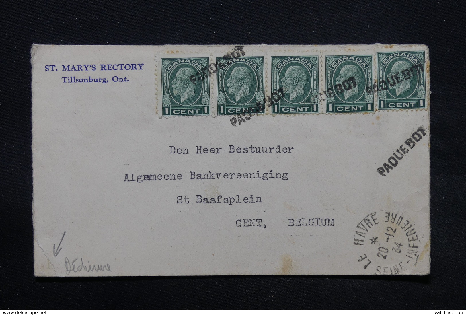CANADA - Griffe " Paquebot " Sur Enveloppe De Tillsonburg Pour La Belgique En 1934 Via Le Havre - L 28343 - Storia Postale