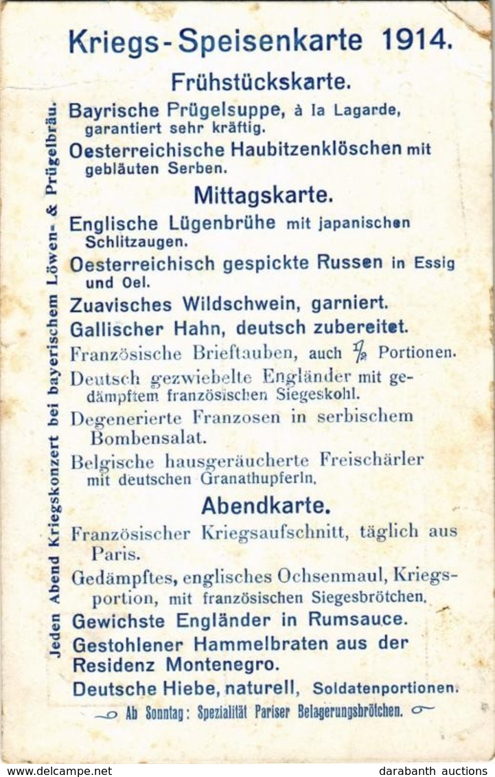 T3 Kriegs-Speisenkarte 1914. Des Gasthauses Z. 'Bundestreue' / WWI Austro-Hungarian And German Military Humour, War Menu - Zonder Classificatie