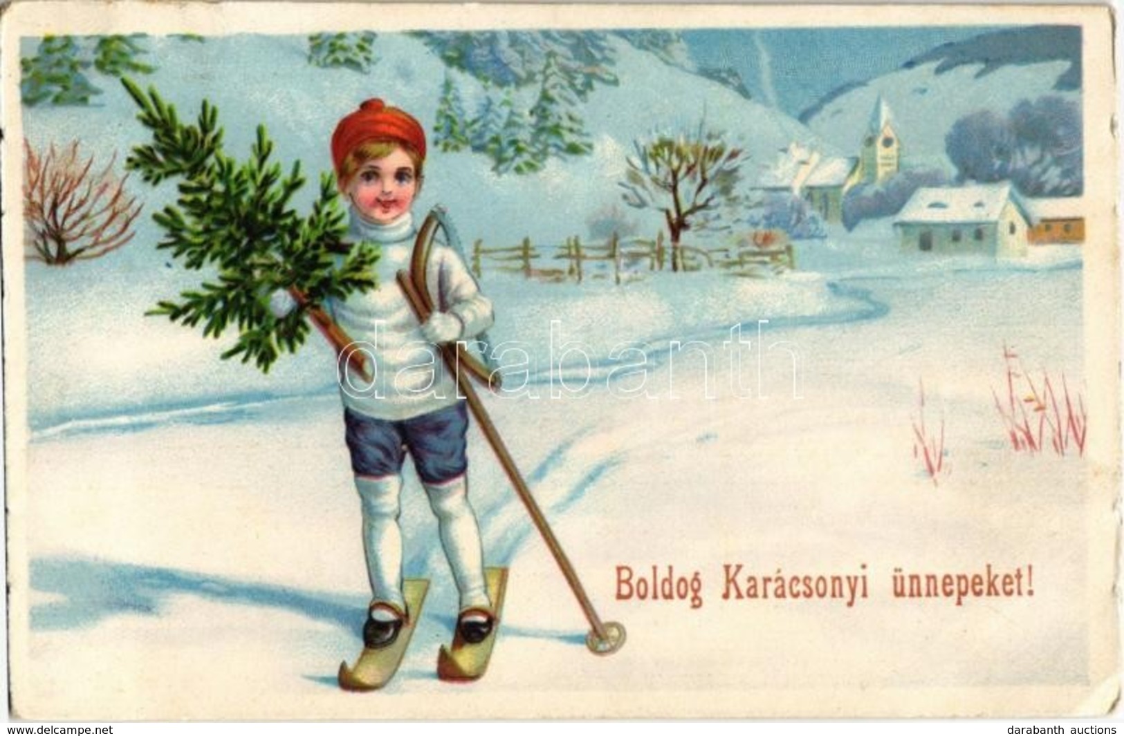 T2/T3 Boldog Karácsonyi Ünnepeket! / Winter Sport, Christmas Greeting Card With Skiing Boy (EK) - Zonder Classificatie