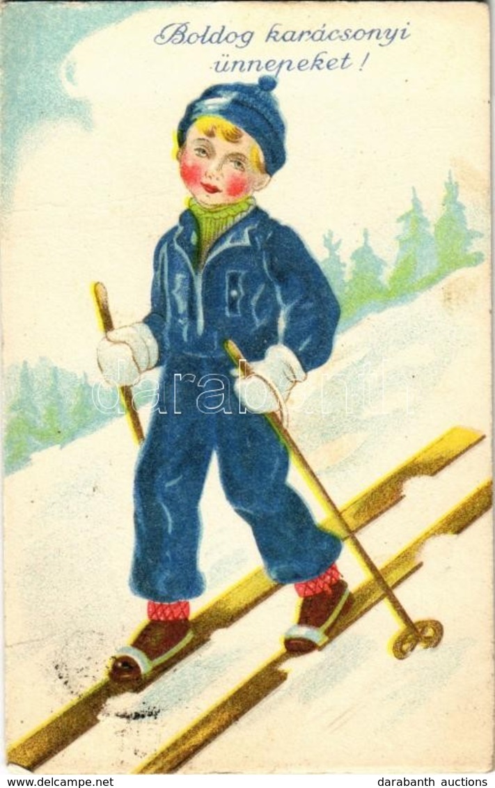 T2/T3 Boldog Karácsonyi Ünnepeket! / Winter Sport, Christmas Greeting Card With Skiing Boy (EK) - Ohne Zuordnung