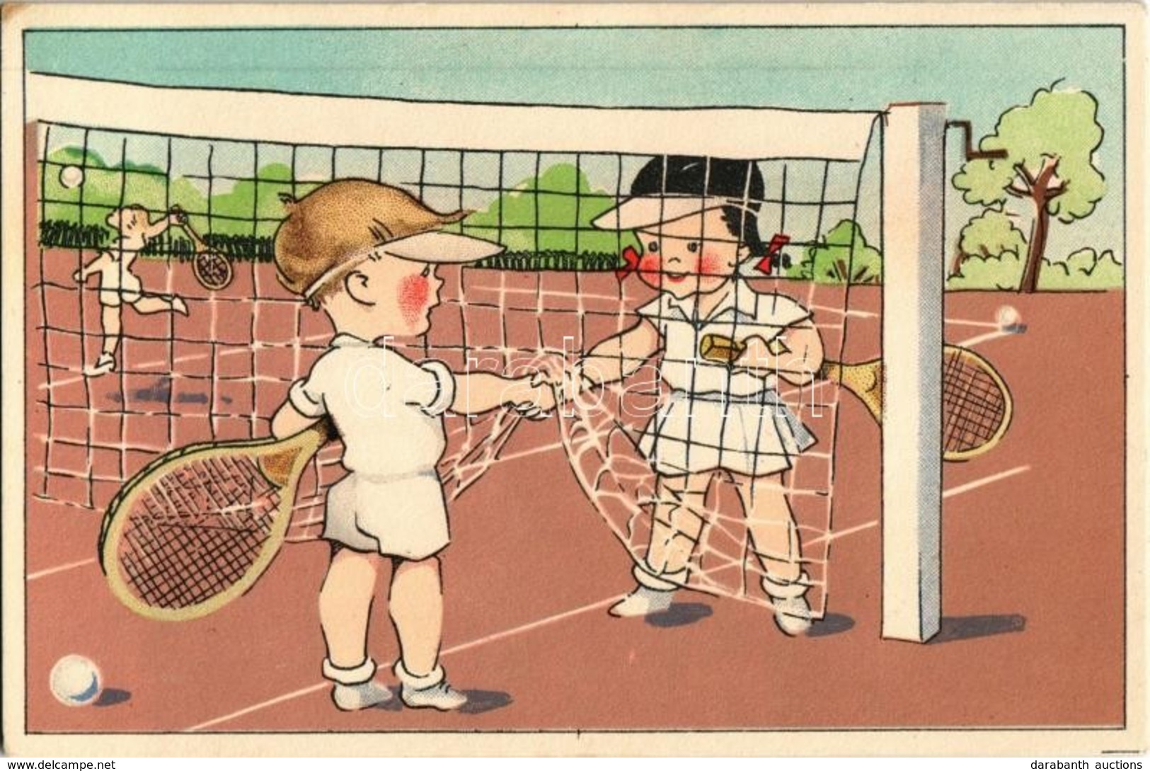 ** T2 Teniszező Gyerekek A Teniszpályán. Képzőművészeti Alap / Tennis Playing Children On The Tennis Court - Zonder Classificatie