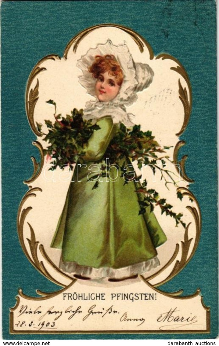 T2 1903 Fröhliche Pfingsten / Pentecost Greeting Card With Girl. Art Nouveau, Emb. Litho - Zonder Classificatie