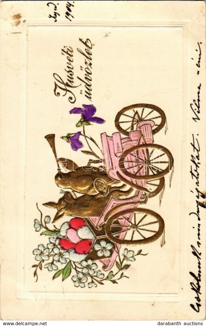 T2 1904 Húsvéti üdvözlet / Easter Greeting Card, Rabbit And Chicken In An Automobile. Art Nouveau, Floral, Emb. Golden L - Zonder Classificatie