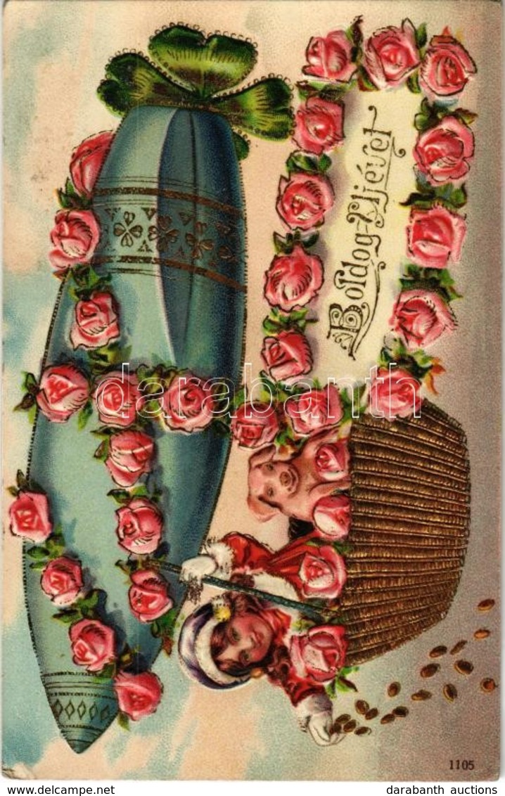 T2/T3 Boldog új évet! / New Year Greeting Art Postcard With Airship, Emb. Floral Golden Decoration, Litho (EK) - Zonder Classificatie