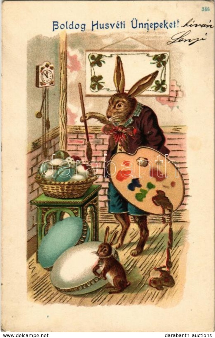 T2 1904 Boldog Húsvéti Ünnepeket / Easter Greeting Art Postcard, Rabbit Painting Eggs. Emb. Golden Decoration Litho - Zonder Classificatie