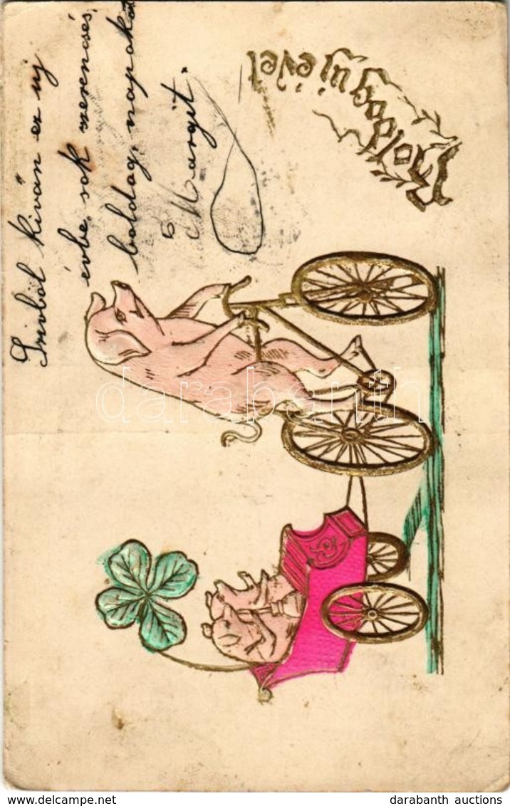 T2/T3 1903 Boldog Új Évet / New Year Greeting Art Postcard With Pigs On Bicycle. Emb. Golden Decoration (EK) - Zonder Classificatie