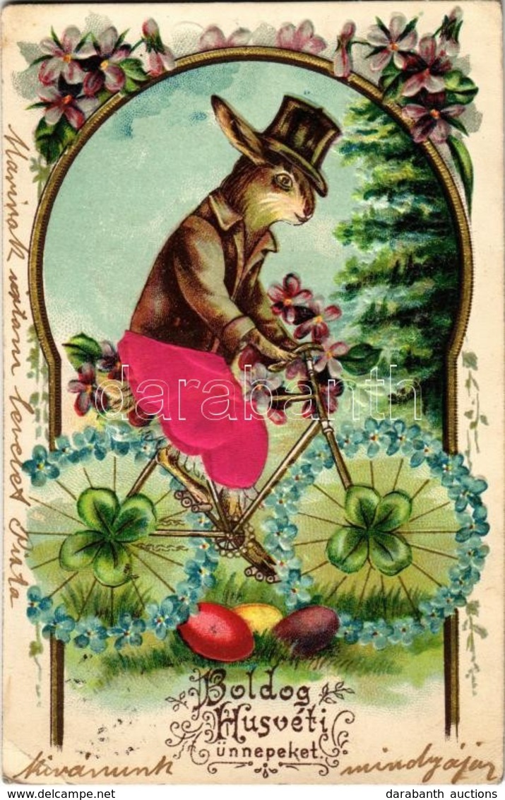 T2/T3 Boldog Húsvéti ünnepeket! / Easter Greeting Art Postcard With Rabbit On Bicycle, Emb. Floral Golden Decoration, Li - Zonder Classificatie