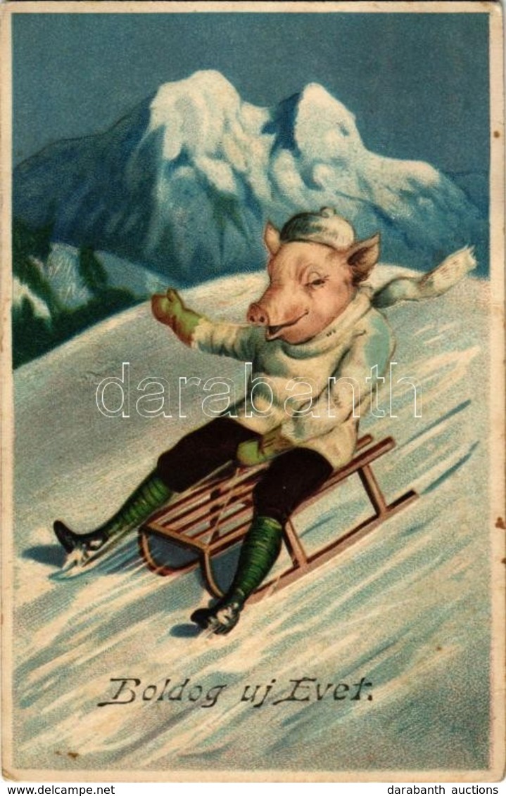 * T2/T3 Boldog Új Évet! / New Year Greeting Art Postcard With Pig Sledding. G.G.K. No. 422. Emb. Litho - Zonder Classificatie