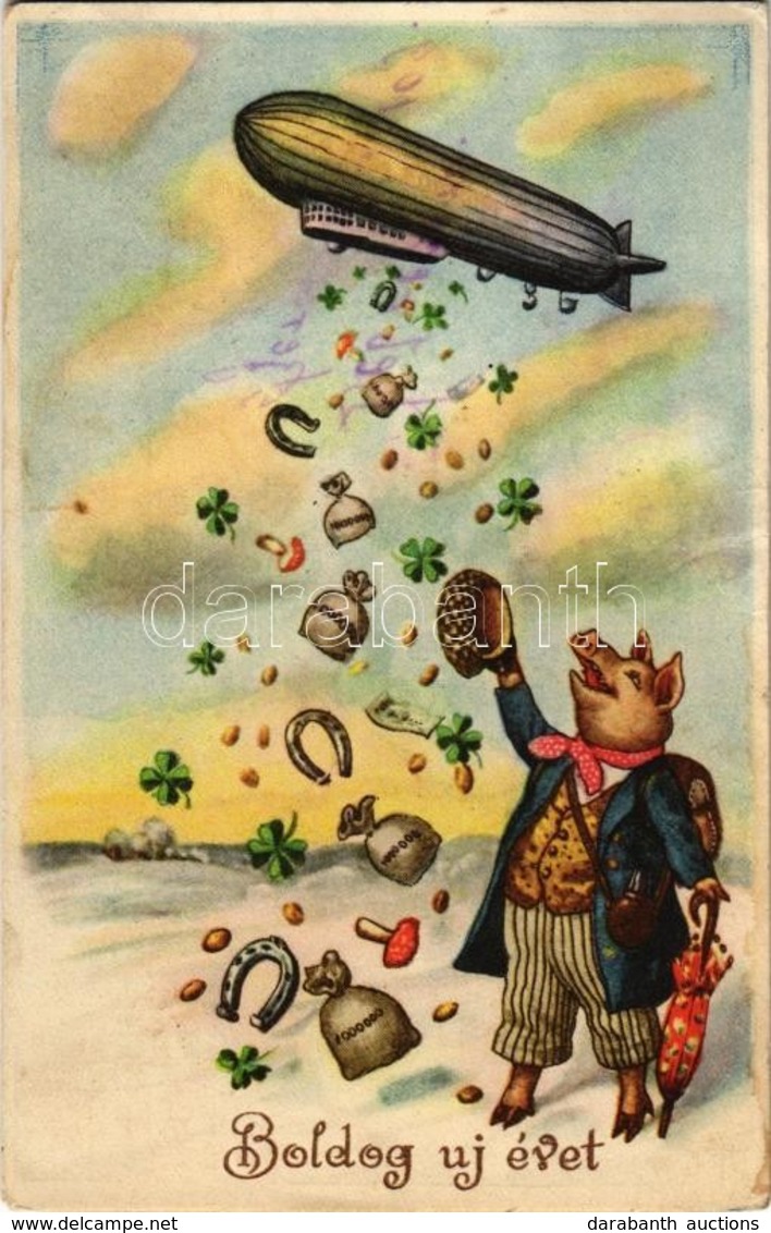 * T2/T3 Boldog Új Évet! / New Year Greeting Art Postcard With Pig And Airship (gyűrődés / Crease) - Zonder Classificatie