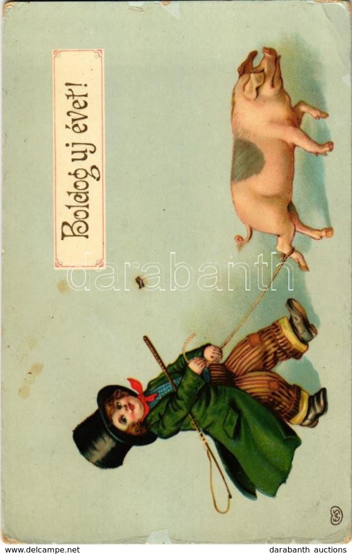 T2/T3 1911 Boldog Újévet! / New Year Greeting Card, Boy With Pig. EAS Litho (EK) - Zonder Classificatie