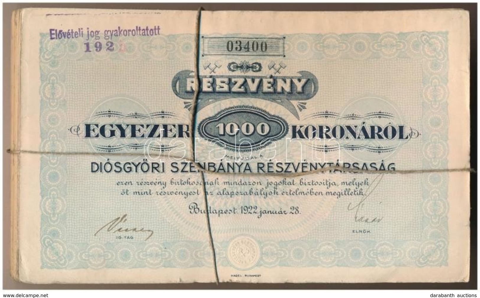 Budapest 1922. 'Diósgyőri Szénbánya Részvénytársaság' Részvénye 1000K-ról, Szárazpecséttel és Szelvényekkel (25x) , Sors - Zonder Classificatie