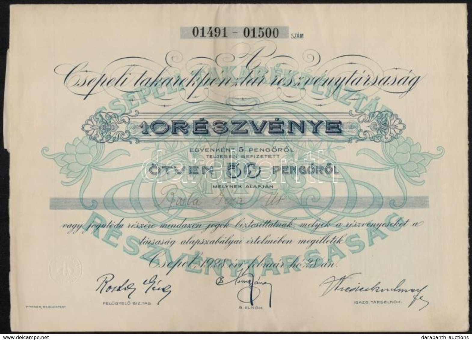 Csepel 1928. 'Csepeli Takarékpénztár Részvénytársaság' 10 Névre Szóló Részvénye Egyben összesen 50P-ről, Szelvényekkel,  - Zonder Classificatie