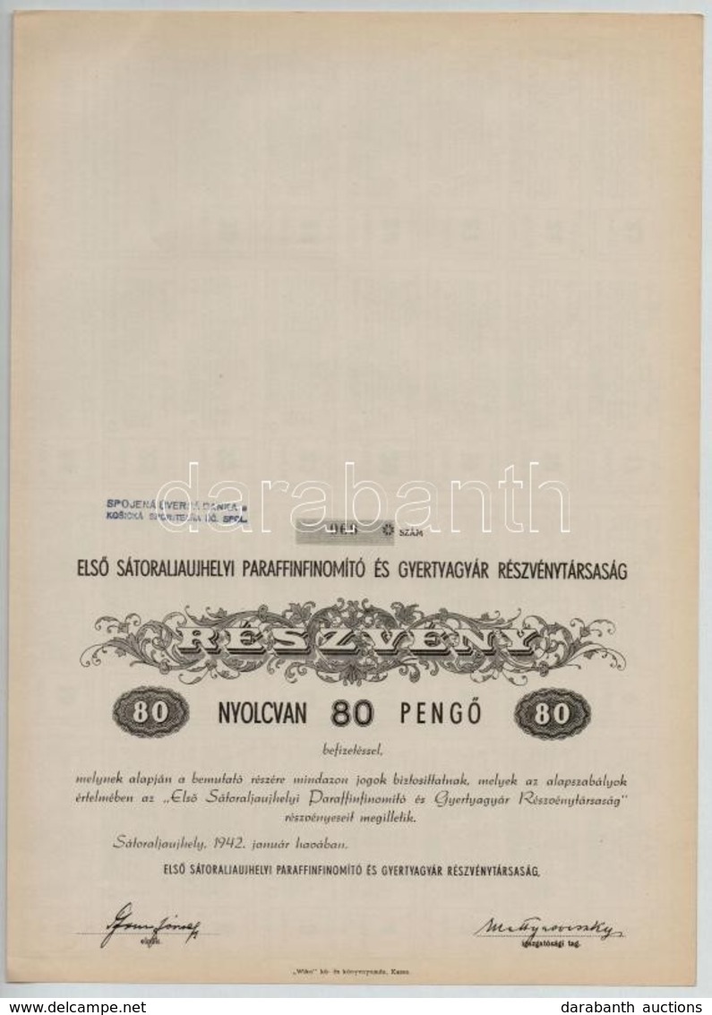 Sátoraljaújhely 1942. 'Első Sátoraljaújhelyi Paraffinfinomító és Gyertyagyár Részvénytársaság' Részvénye 80P-ről, Bélyeg - Zonder Classificatie