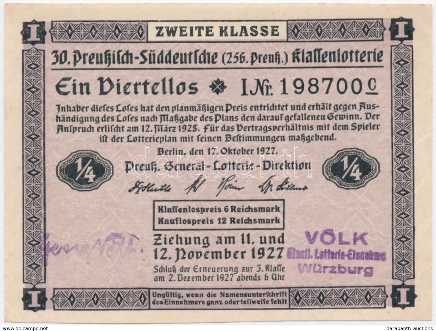 Németország / Weimari Köztársaság 1927. '30. Preukisch - Süddeutsche (256. Preuk.) Klassenlotterie' Második Osztályú, Ne - Zonder Classificatie