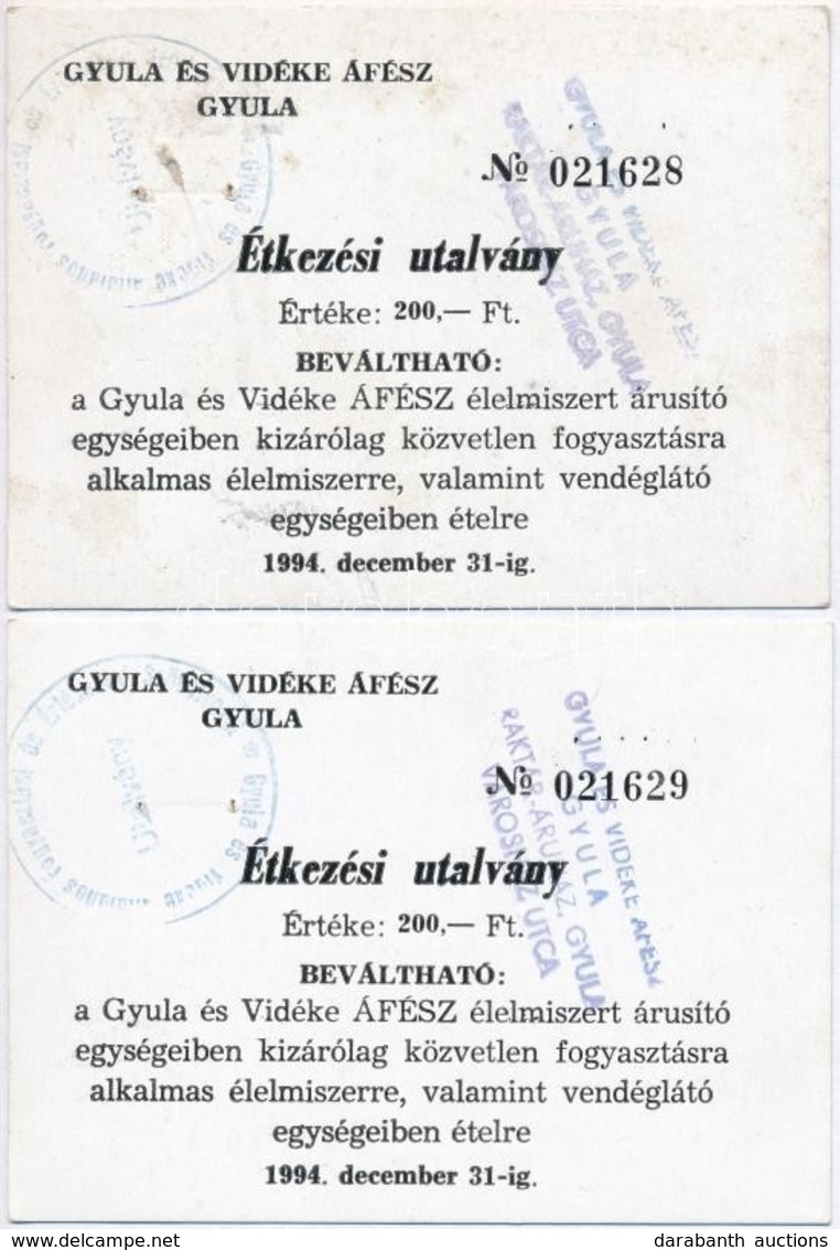 1994. 'Gyula és Vidéke ÁFÉSZ - Gyula - Étkezési Utalvány' 200Ft-ról (2x) Sorszámkövetők, Bélyegzésekkel T:I- Ly. - Ohne Zuordnung