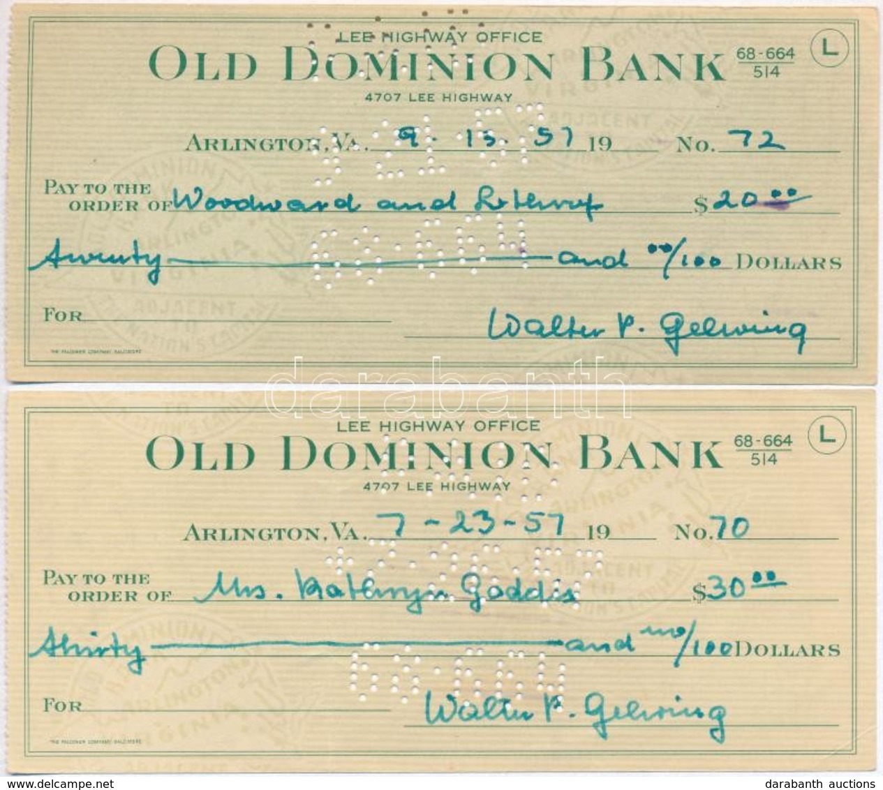 Amerikai Egyesült Államok / Virginia 1957. 'Old Dominion Bank' Csekk (2x) Hátoldalon Bélyegzett, Perforált T:III
USA / V - Non Classificati