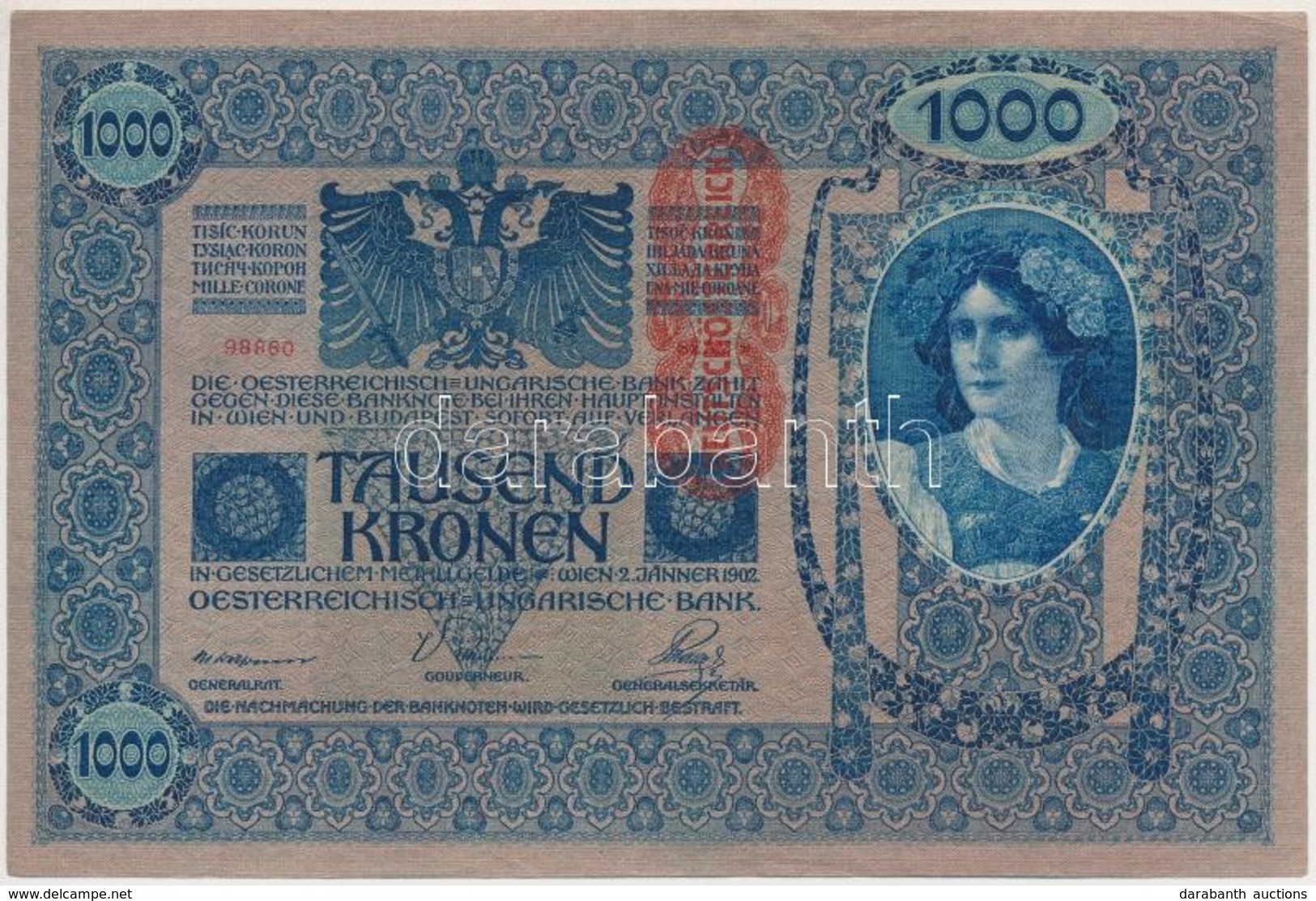 1902. 1000K Piros 'Deutschösterreich' Felülbélyegzéssel, Mindkét Oldala Német T:II - Non Classificati