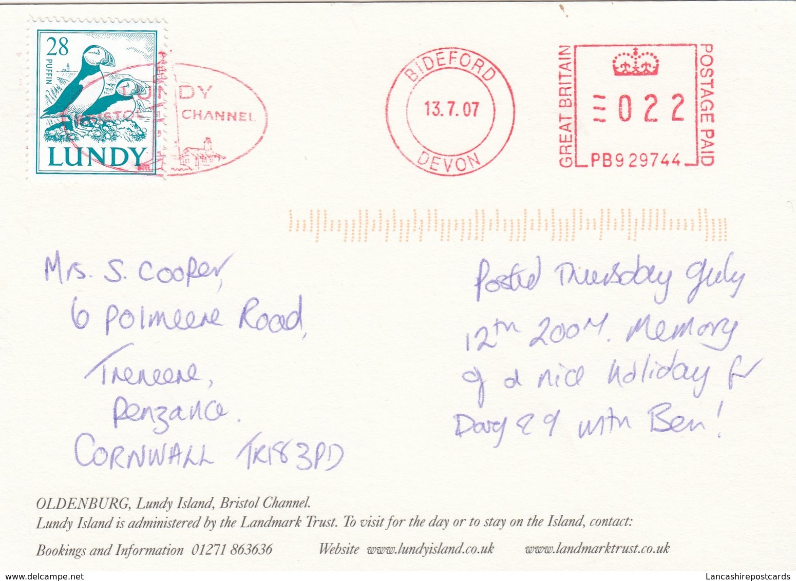 Postcard M S Oldenburg Lundy Island Ferry PU 2007 With Lundy Stamp & Cancel My Ref  B23569 - Ferries