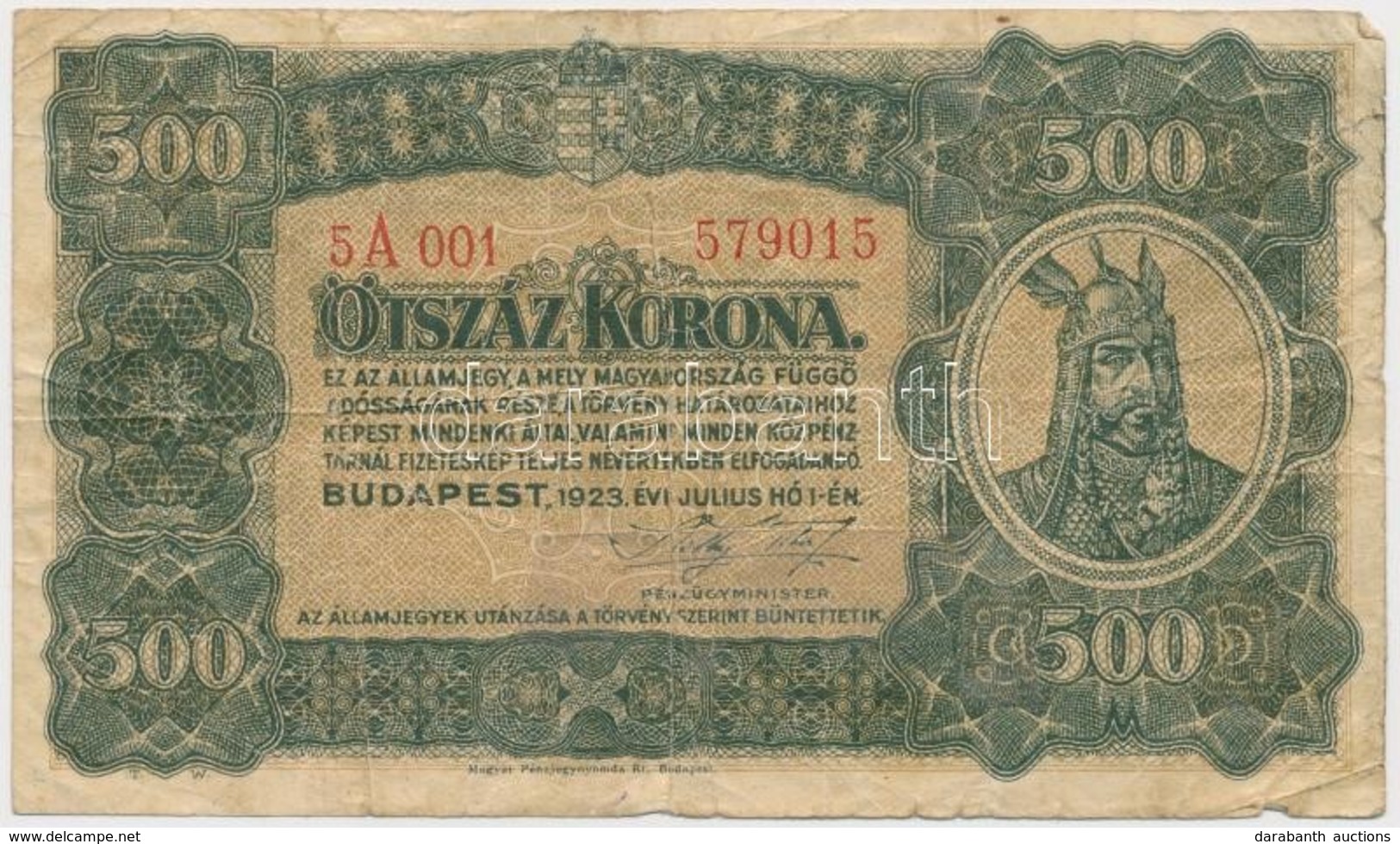 1923. 500K 'Magyar Pénzjegynyomda Rt. Budapest' Nyomdahely Jelöléssel T:III- 
Adamo K34 - Ohne Zuordnung