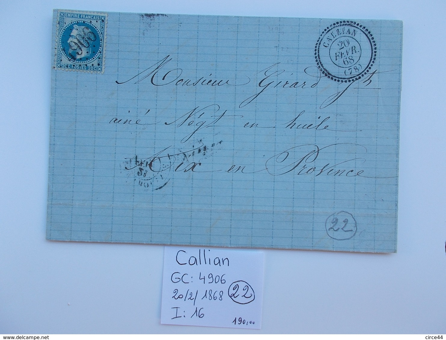 MARQUE POSTALE.VAR.CACHET A DATE CALLIAN GC 4906.EMPIRE 1868. - 1849-1876: Periodo Classico